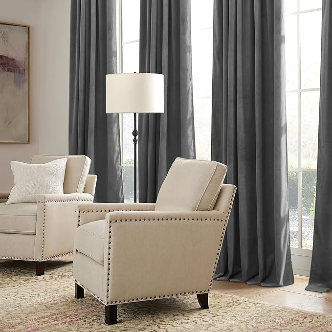 RYB HOME Grey Velvet Curtains 102 inches with Hook Belt, Soft Fabric Room Darkening Thermal Insulated Luxurious Home Decor Curtains for Living Room Bedroom, W 52" x L 102", 2 Panels Set
