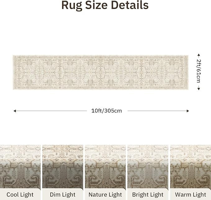 Hallway Washable Runner Rug 2x10 - Non Slip Vintage Kitchen Runner Rugs for Entryway Low-Pile Waterproof Long Runners for Living Room Bedroom Medallion Indoor Floor Mat for Bathroom Laundry Beige