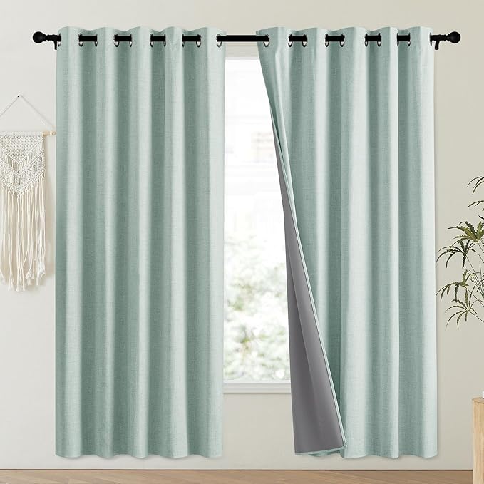 NICETOWN 100% Absolutely Blackout Linen Curtains with Thermal Insulated Liner, Seafoam Green, 62" Wide, 72" Length Energy Saving Curtains for Playroom 2 Panels Set, Vertical Blinds