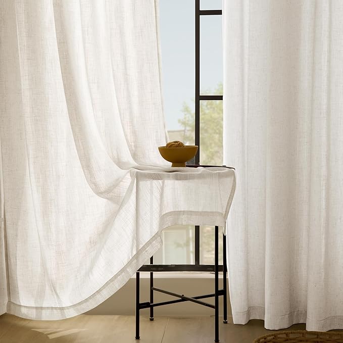 Natural Linen Curtains for Living Room Back Tab Modern Farmhouse Semi Sheer Natural Linen Curtains 45 inches Long 2 Panels Set Muted Neutral Window Curtain for Dining Room Bedroom 52x45