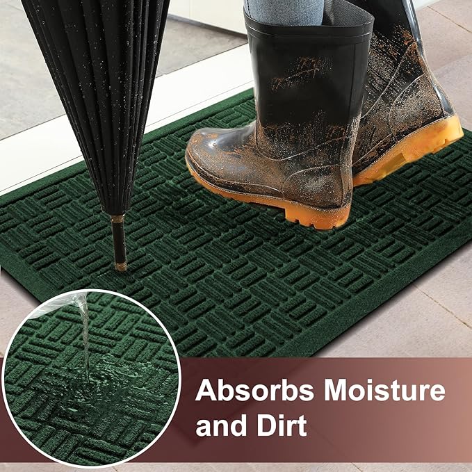 Mibao Front Door Mat Indoor Outdoor Entrance, Dirt Trapping Waterproof All-Season, All-Weather Doormat, Non-Slip Durable Natural Rubber Low Profile Easy Clean Patio Entrance Mat, 29.5" x 17", Green