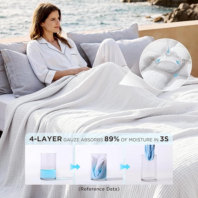 Bedsure 100% Cotton Muslin Blanket Queen Size for Bed - 4-Layer Breathable and Lightweight Thin Soft Summer Gauze Muslin Blankets for Adults, White, 90x90 Inches