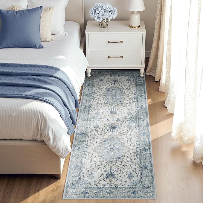 Area Rugs 3'x7' Runner Rug Non Slip Washable for Kitchen Hallway Bedroom Beside Laundry Room Bathroom Rug, Floor Carpet, Light Blue Navy Beige Gray White