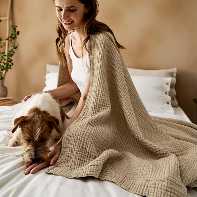 Bedsure 100% Cotton Muslin Blankets for Adults Large Throw 50x70 Inches - 4-Layer Breathable and Lightweight, Soft Boho Gauze Muslin Cotton Blanket for Couch Decor Travel Summer, Light Brown