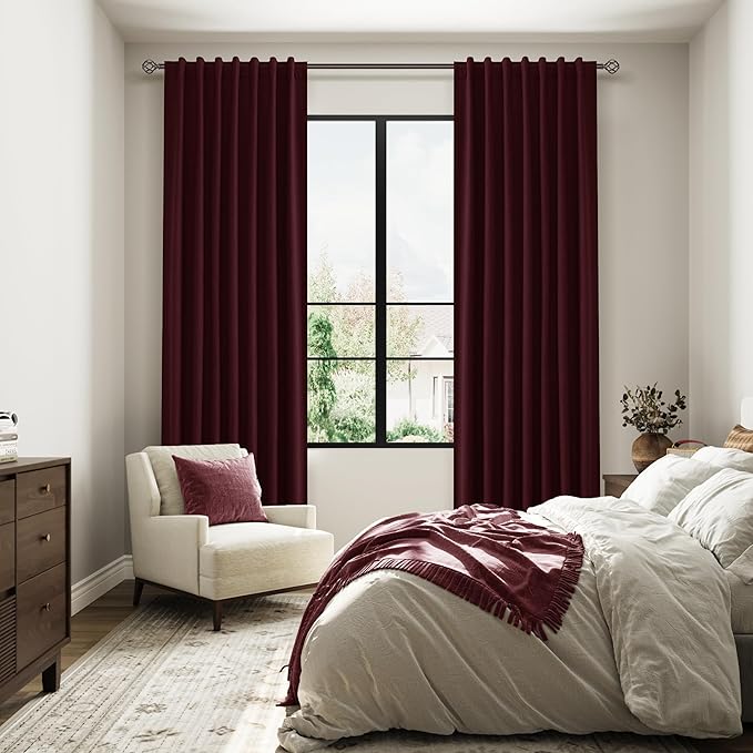 Guken 100% Blackout Curtains 63 Inch Length 2 Panels Set for Living Room Bedroom Back Tab Thermal Insulated Black Out Linen Drapes Room Darkening Window Curtains 63 Inches Long,Burgundy