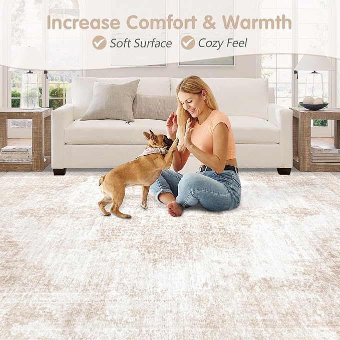 Area Rug 9x12 Vintage Rugs: Large Washable Living Room Rug Retro Medallion Distressed Soft Low Pile Non-Slip Rugs Indoor Floor Carpet for Bedroom Dining Table Office (Beige/Brown,9'x12')