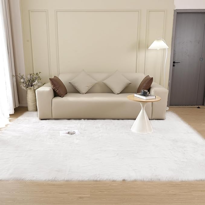 ORINOVA Shag Plush Rug 8x10 Area Rugs for Bedroom White Fluffy Living Room Rug Large Washable Faux Sheepskin Furry Fur Rugs for Nursery