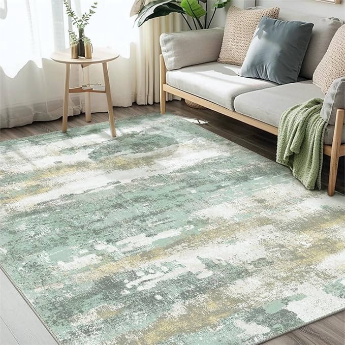 BEIMO 3x5 Rugs for Entryway Entrance Kitchen, Machine Washable Modern Abstract Soft Area Rug, Low Pile Indoor Floor Carpet with Non Slip Backing, Light Green/Cream