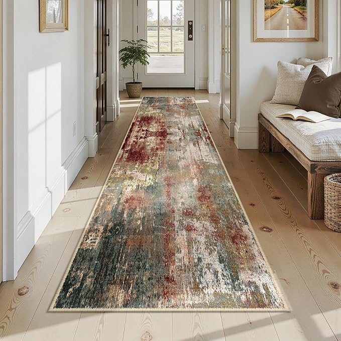 Washable Area Rugs 2'6'' x12 Non-Slip Modern Abstract Soft for Living Room Entryway Bedroom Nursery, Print Pattern, Brown Rust Red Green Blue Multi