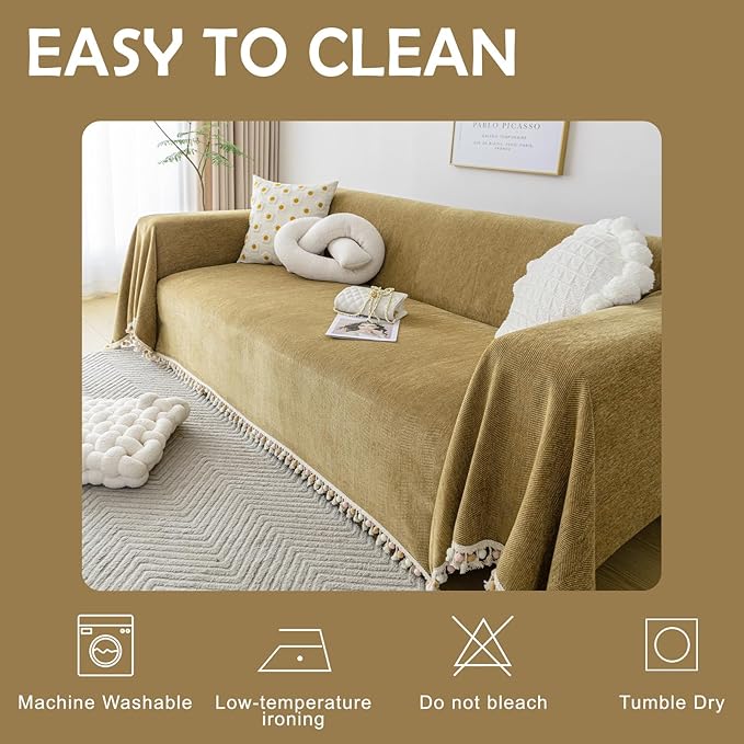 HANDONTIME Couch Covers for Pets Boho Mustard Yellow Love Seat Couch Covers Brown Sofa Cover for Dogs Pet Couch Protector Chenille Tassel Sofa Slipcovers Sofa Throw Cover Boho Decor, 91" X118"