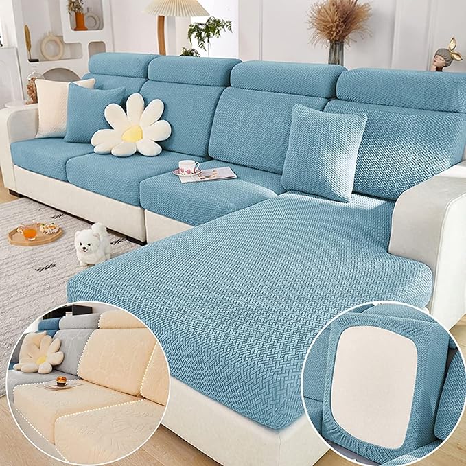 Couch Cushion Covers for Sofa Couch Covers Wear-Resistant Universal Sofa Cover Washable Stretch for Sectional Slipcovers (Texture-Sea Blue,Large Triple Seat Cover)
