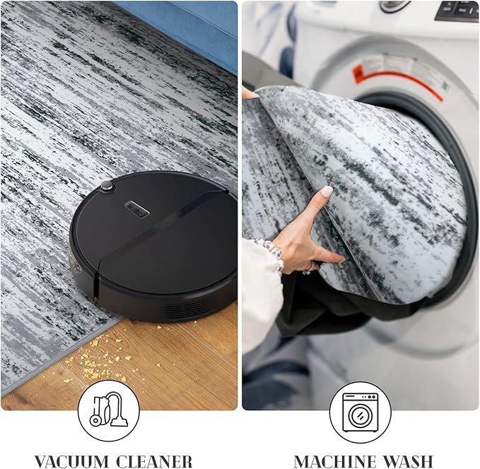 Lansny Modern Abstract Runner Rug 2.6x8, Black Grey White Washable Kitchen Runner Non-Slip Soft Hallway Rug Runner Thin Print Faux Wool Carpet for Entryway Bedroom Laundry Room Indoor Home Decor