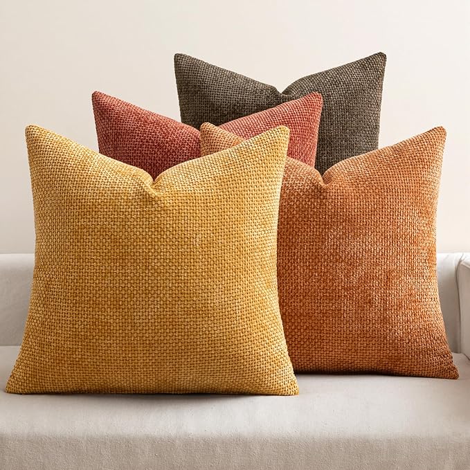 MIULEE Pack of 4 Orange/Yellow Couch Throw Pillow Covers 20x20 Inch Halloween Soft Decorative Chenille Pillows Farmhouse Accent Cushions for Boho Home Decor Spring Sofa Bedroom Living Room