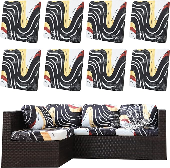 8Pcs Outdoor Cushion Covers, Patio Cushion Covers,Stretch Elastic Slipcovers, Replacement Washable & Reusable Furniture Protector for Patio Couch (Black River-Pattern,Cover Only)