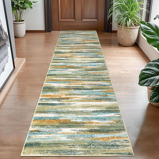 Lansny Modern Abstract Hallway Runner Rug, Green Mustard Multi Washable Kitchen Runner Non-Slip Soft 2x8 Runner Rug Thin Print Faux Wool Carpet for Entryway Bedroom Laundry Room Indoor Home Decor