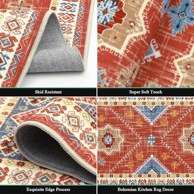 HEBE Boho Kitchen Rug Sets 3 Piece with Runner Non Slip Kitchen Rugs and Mats Washable Kitchen Mats for Floor Thick Kitchen Floor Mat Carpet Runner Rugs for Hallway Laundry Holiday Decor
