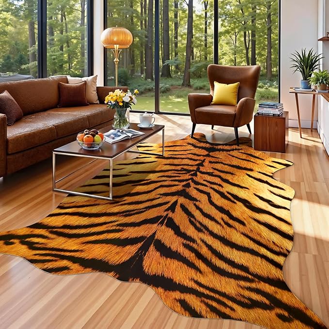 AROGAN Premium Tiger Print Rug 4.6x5.2 Feet, Machine Washable Faux Fur Rug, Non-Slip Animal Print Hide Tiger Skin Area Rug for Bedroom Living Room Home Decor