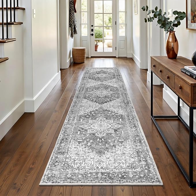 Yamaziot Washable Runner Rug, 2x8 Non-Slip Boho Vintage Hallway Rug Runner with Rubber Backing, Stain Resistant Faux Wool Distressed Carpet Runner for Bedroom, Kitchen, Laundry, Entrance