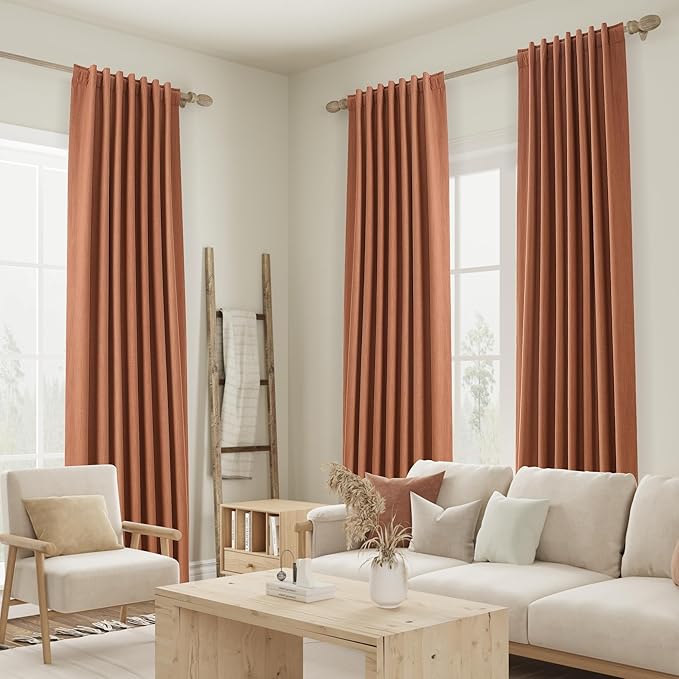 Guken Terracotta 100% Blackout Curtains 96 Inch Length 2 Panels Set Fall Curtains for Living Room Bedroom Back Tab Thermal Insulated Black Out Linen Drapes, 52x96