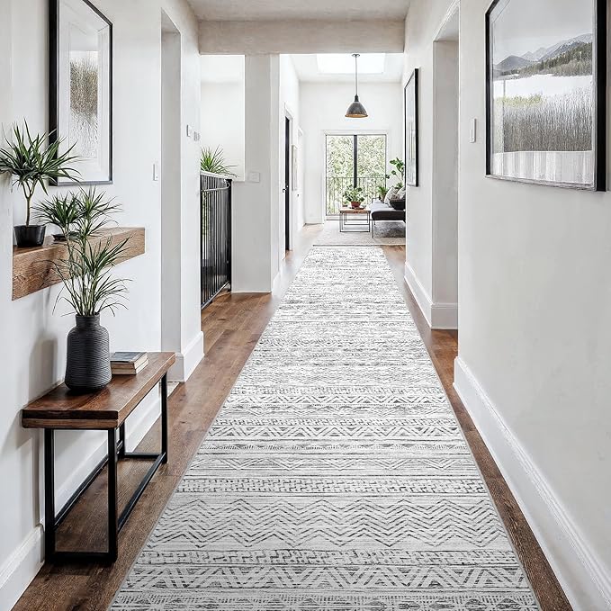 3x18 Washable Kitchen Runner Rug: Modern Moroccan Runners for Hallway Soft Non Slip Rugs with Rubber Backing Low Pile Thin Waterproof Floor Carpet for Entryway Bedroom Bathroom Indoor 3x18 Grey
