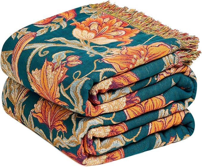 MSGKV Boho Throw Blanket for Bed Twin Size 100% Cotton Floral Bird Blanket 60"x80" Sofa Couch Blankets Muslin Spring Breathable Lightweight Farmhouse Blankets Boho Home Decor All Seasons