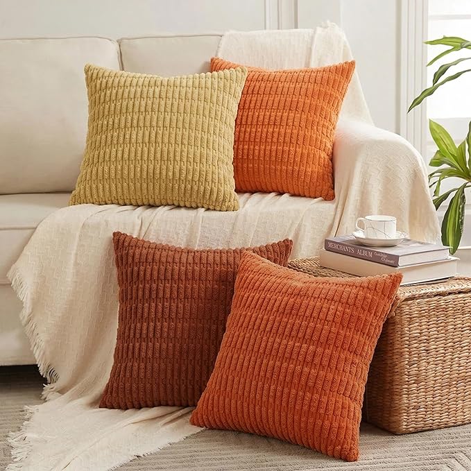 Fancy Homi Set of 4 Burnt Orange Fall Boho Decorative Throw Pillow Covers 22x22 Inch for Couch Bed Sofa, Aesthetic Modern Bohemian Room Decor, Soft Fuzzy Cozy Corduroy Textured Cushion Case 55x55cm