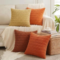 Fancy Homi Set of 4 Burnt Orange Fall Decorative Throw Pillow Covers 20x20 Inch for Couch Bed Chair, Modern Farmhouse Boho Room Decor, Soft Fuzzy Corduroy Textured Striped Cushion Case 50cm