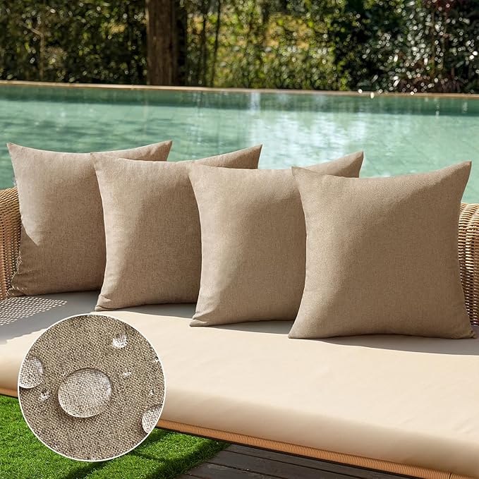 MIULEE Pack of 4 Decorative Outdoor Throw Pillow Covers Linen Waterproof Pillow Covers Farmhouse Cushion Cases for Patio Garden Tent Balcony Couch Sofa 18x18 inch Khaki