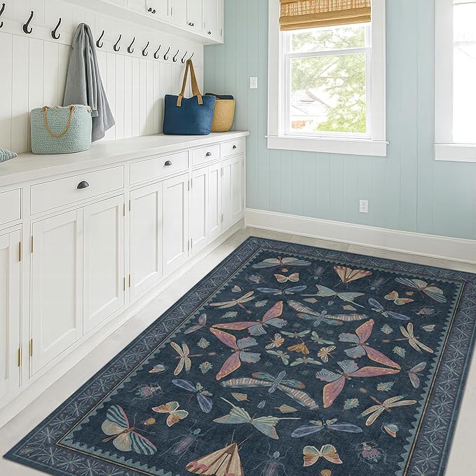 Blue Rugs for Bedroom - 4x6 Washable Area Rug for Large Entryway, Living Room, Kitchen Floor, Dark Whimsical Home Décor, Vintage Low Pile & Soft Non Slip Carpet