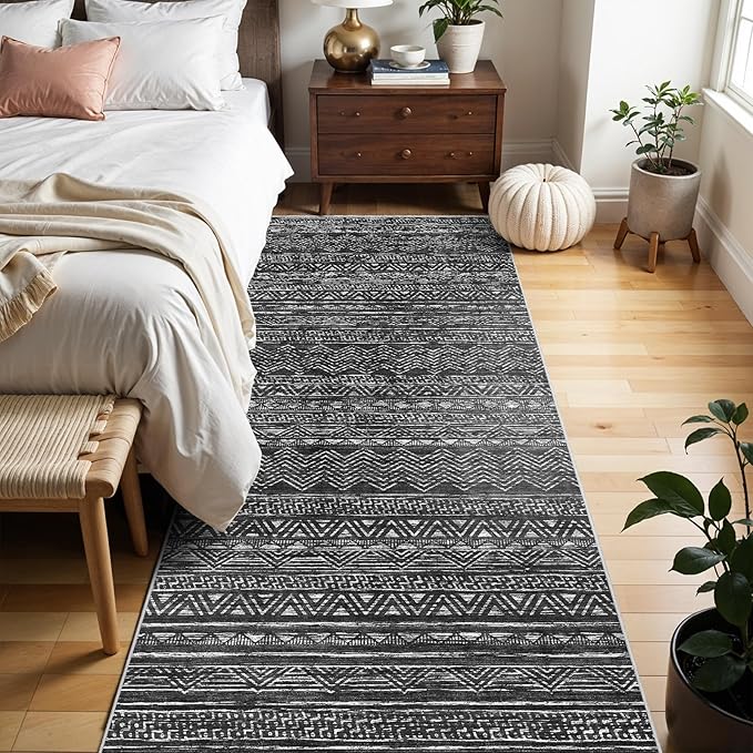 2x6 Washable Hallway Runner Rug - Moroccan Non-Slip Indoor Table Long Runners for Entryway Soft Low Pile Neutral Rugs for Kitchen Waterproof Geometric Carpet for Bedroom Bathroom Laundry 2x6 Black