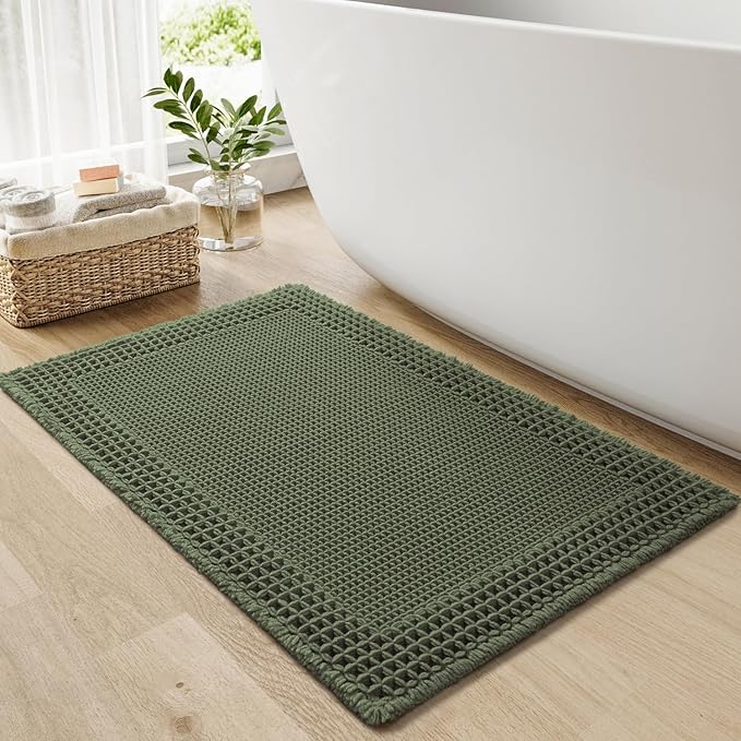RESARE Waffle Bathroom Runner Rugs, Super Absorbent Bath Mat Non Slip Washable Quick Dry, Upgraded Ultra Soft Boho Bath Rugs with Tassels for Hallway Bedroom Laundry Room, 20"x32" Green