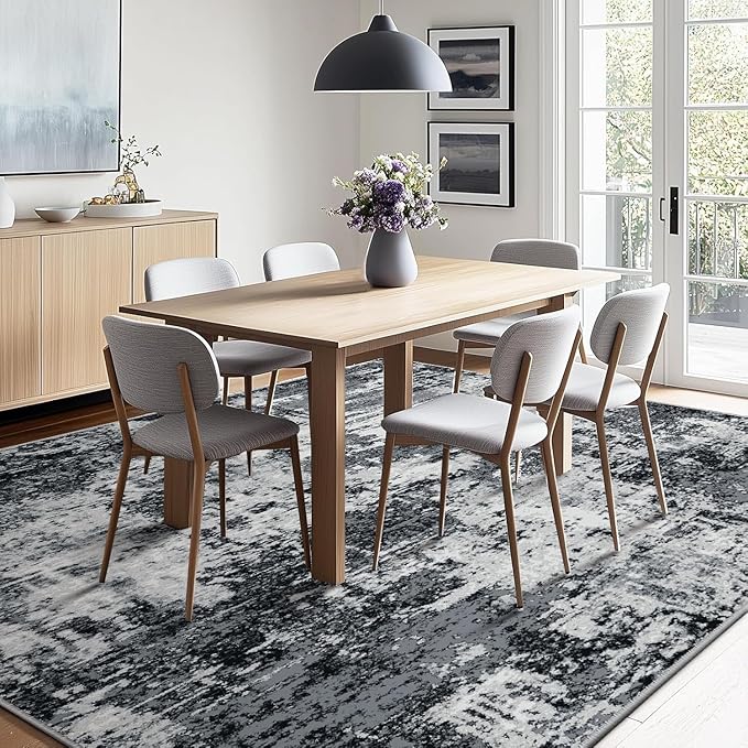 Washable Area Rugs 4'x5' Non-Slip Modern Abstract Soft for Living Room Entryway Bedroom Nursery, Print Pattern, Black Navy Blue Gray