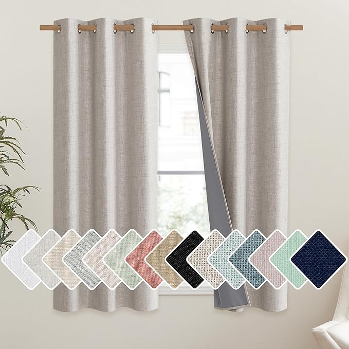 NICETOWN Brich Vintage Open Linen Weave Flax Thermal Curtains, 100% Blackout Curtains 63" Long for Dining Room, Soundproof Window Treatment Drapes for Gym Room, 42" Wide Per Panel, Set of 2