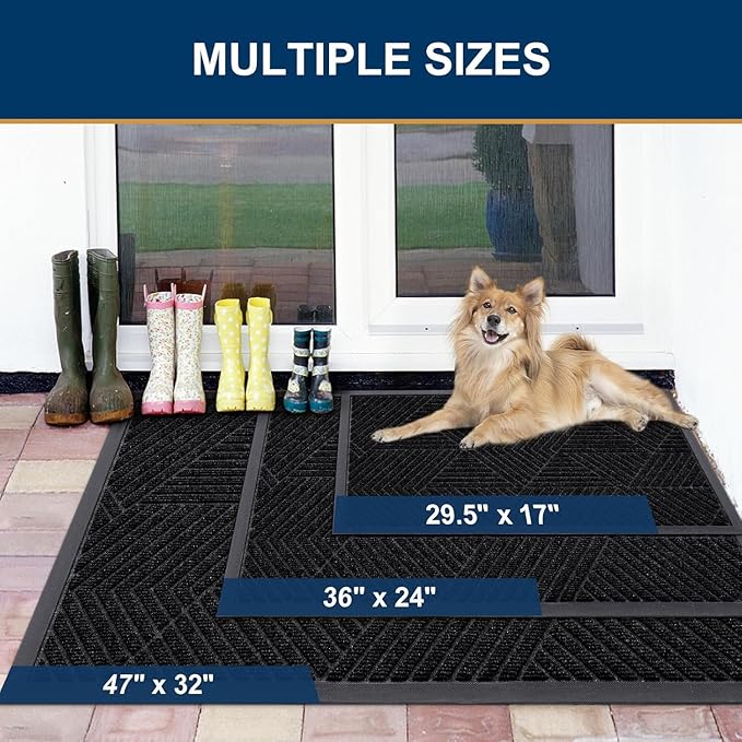 Smiry Front Door Mat Outside Entrance, Heavy Duty Sturdy Natural Rubber Doormat, Trap Dirt and Moisture, Easy Clean Low Profile Mats for Indoor Outdoor Entry, Irregular Triangle (47x30, Black)