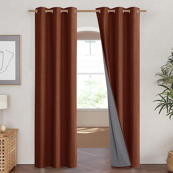 NICETOWN 100% Absolutely Blackout Linen Curtains with Thermal Insulated Liner, 42" Wide, 2 Panels, 84" Long Drapes, Grommet Retro Burnt Orange Linen Curtains Vertical Drapes Privacy for Bedroom