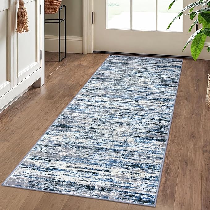 Lansny Modern Abstract Runner Rug 2x5, Grey Blue White Washable Entryway Kitchen Runner Non-Slip Soft Hallway Rug Runner Thin Print Faux Wool Carpet for Bedroom Laundry Room Indoor