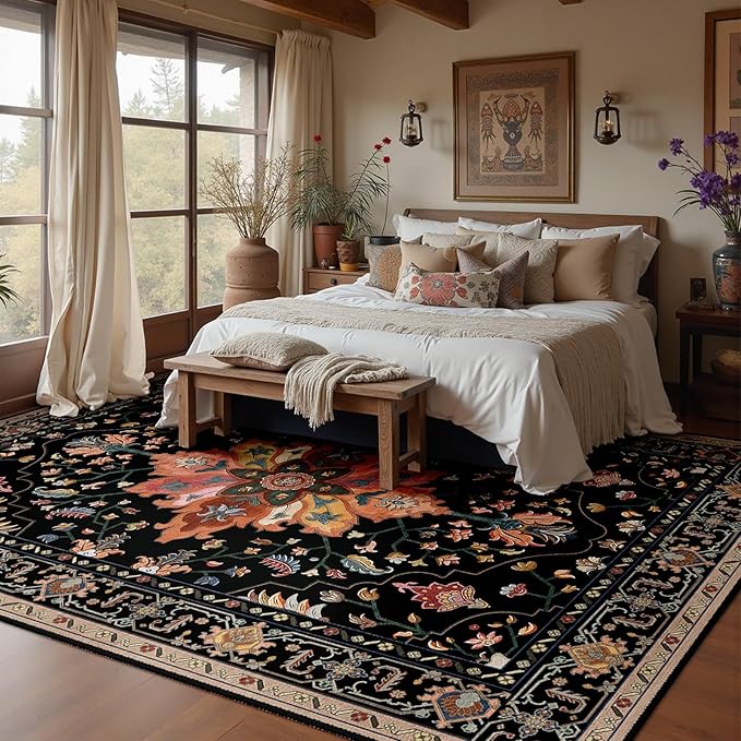 RELEANY Area Rugs 10'x12' Washable Non-Slip, Floral Vintage Distress Print Pattern Medallion Carpet for Living Room Bedroom Dining Room, Black Colorful Floral Dark Tan
