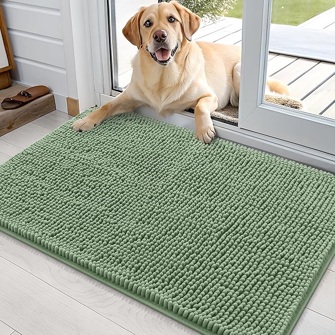 OLANLY Dog Door Mat for Muddy Paws 35x24, Absorbs Moisture and Dirt, Absorbent Non-Slip Washable Doormat, Quick Dry Chenille Mud Mat, Entry Indoor Entryway Carpet for Inside Floor, Olive Green