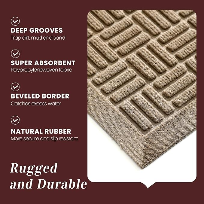 Mibao Front Door Mat Indoor Outdoor Entrance, Dirt Trapping Waterproof All-Season, All-Weather Doormat, Non-Slip Durable Natural Rubber Low Profile Easy Clean Patio Entrance Mat, 61.5" x 36", Beige