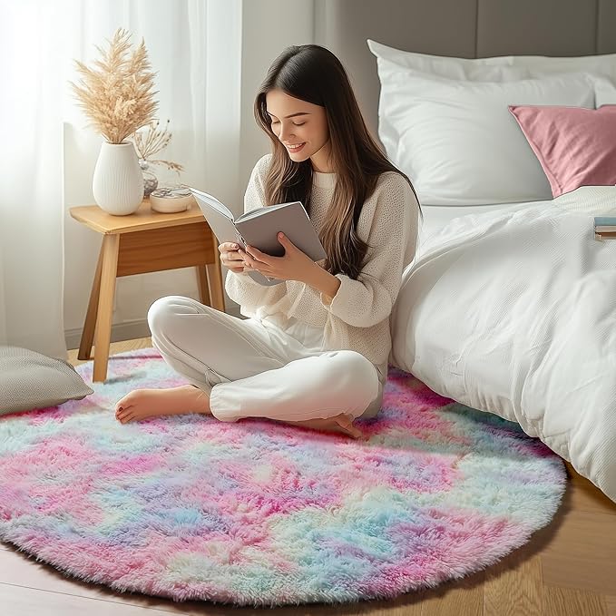 ONASAR Rainbow Round Area Rugs 5ft, Soft Bedroom Circle Rug Mats for Kids Girls Teen Room, Kawaii Fluffy Plush Shaggy Carpet for Dorm Nursery Living Room Playroom Home Decor Princess Castle