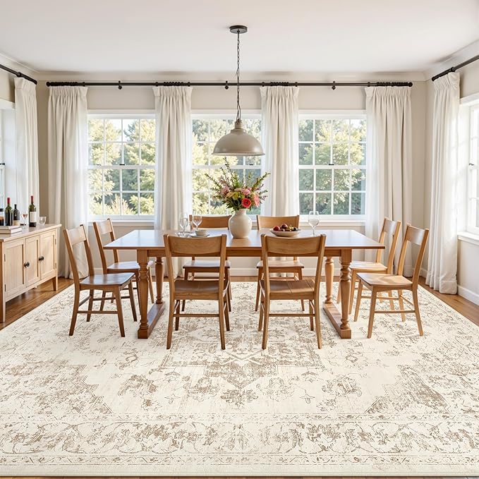 Area Rugs 9x12 Living Room: Vintage Boho Neutral Washable Rug Indoor Soft Large Area Rug Carpet for Bedroom Nursery Farmhouse Dining Room Office Floor Non-Slip Low Pile Under Table Rug Beige/Ivory