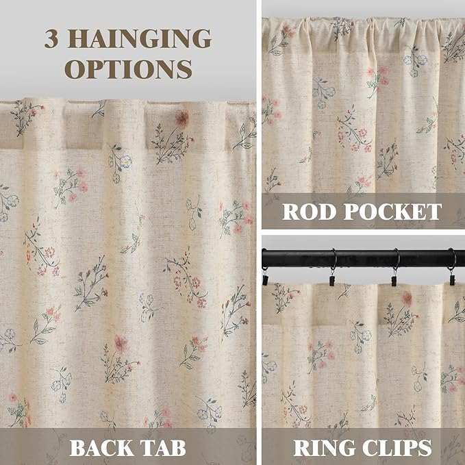 Boho Floral Spring Light Filtering Curtains 96 Inch Length 2 Panels Set, Farmhouse Semi Sheer Bedroom Living Room Vintage