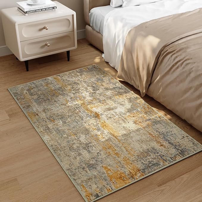 Entrance Rugs Indoor 2x3 Beige Entry Rug Washable Abstract Small Area Rug Non-Slip Low Pile Light Tan Throw Rugs for Entryway, Kitchen Floor, Front Door Indoor Door Mat, Bedroom Bedside