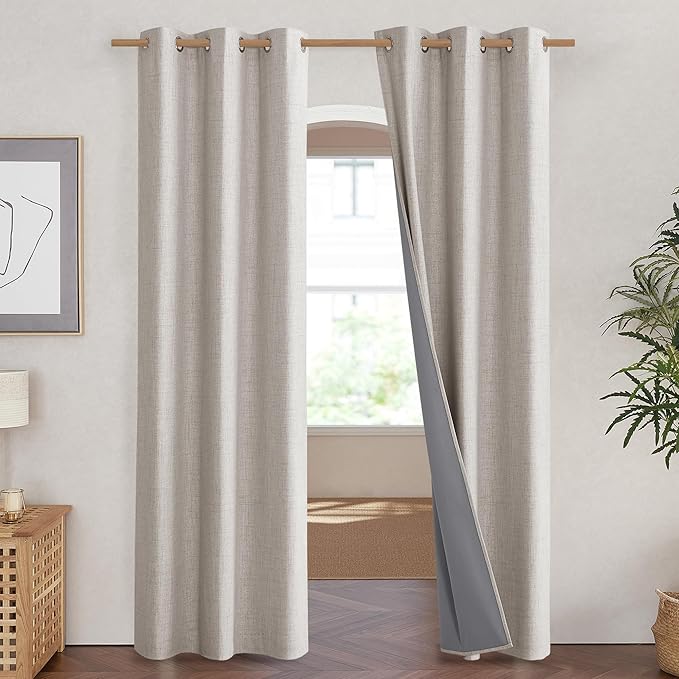 NICETOWN Brich Vintage Open Linen Weave Flax Thermal Curtains, 100% Blackout Curtains 90" Long for Dining Room, Soundproof Window Treatment Drapes for Hall Room, 42" Wide Per Panel, Set of 2