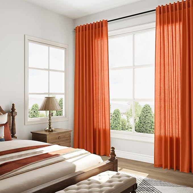 Bright Orange Linen Curtains 72 Inch Long for Living Room Bedroom Lightweight Door Drapes 2 Panels Set, Semi Sheer Light Filtering Back Tab or Rod Pocket Curtain,52x72