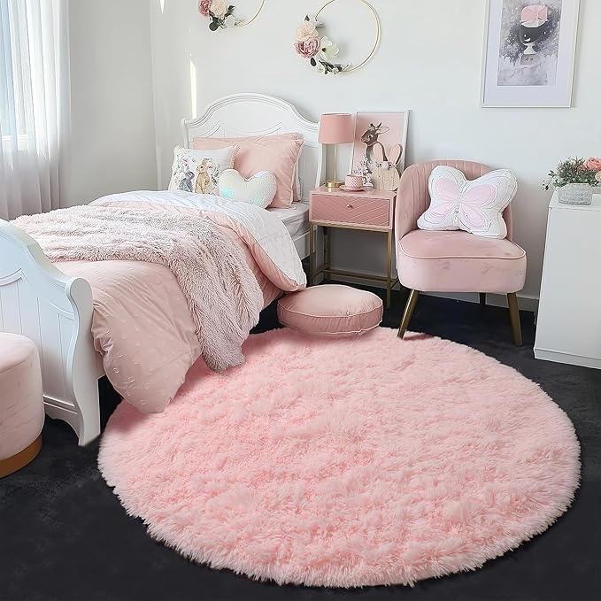 Pink Fluffy Round Rug 5Ft for Girls Bedroom Decor Aesthetic, Shaggy Circle Area Rugs for Kids Room Living Room, Cute Fuzzy Carpet for Nursery, Dorm, Classroom, Teen, Princess, Comfy Baby Playroom Rug