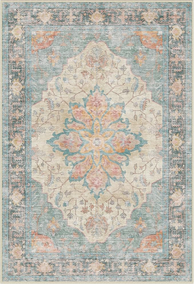 RELEANY Area Rugs Round 6ft Washable Non-Slip, Floral Vintage Distress Print Pattern Medallion Carpet for Living Room Bedroom Dining Room, Blue Orange Red