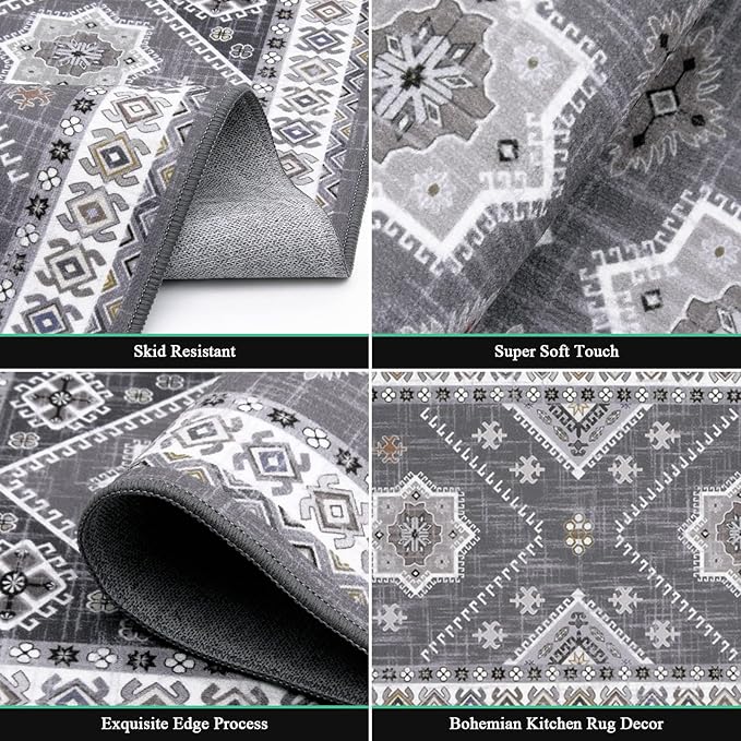 HEBE Boho Kitchen Rug Sets 3 Piece with Runner Non Slip Kitchen Rugs and Mats Washable Kitchen Mats for Floor Thick Kitchen Floor Mat Carpet Runner Rugs for Hallway Laundry Holiday Decor