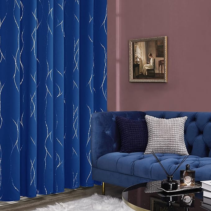 Deconovo Blackout Curtains, 38 x 36 Inch Drapes for Kitchen with Wave Dots Silver Print, Soundproof Thermal Insulated Window Curtain for Small Windows Nursery, Set of 2, Machine Washable, Royal Blue