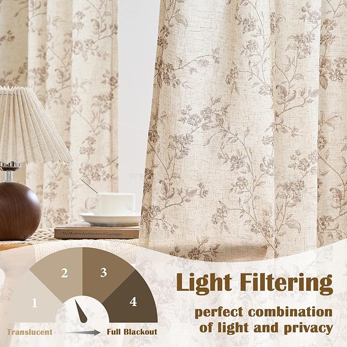 Lazzzy 90 Inch Curtain for Living Room Taupe Floral Drapes Linen for Bedroom Dining Room Farmhouse Vintage Light Filtering Curtains Rod Pocket Back Tab, 2 Panels Set, Taupe on Beige